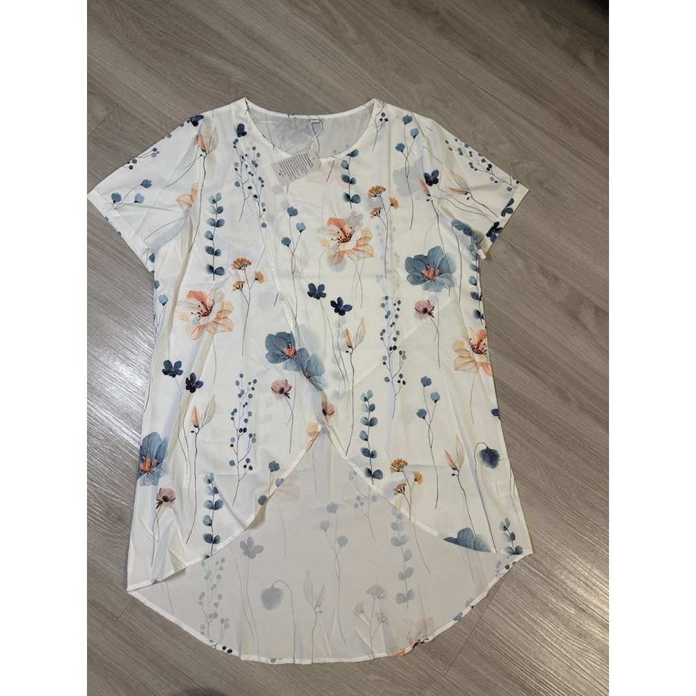 Floral Print High Low Tunic Top Women's Short Sleeve Summer Blouse